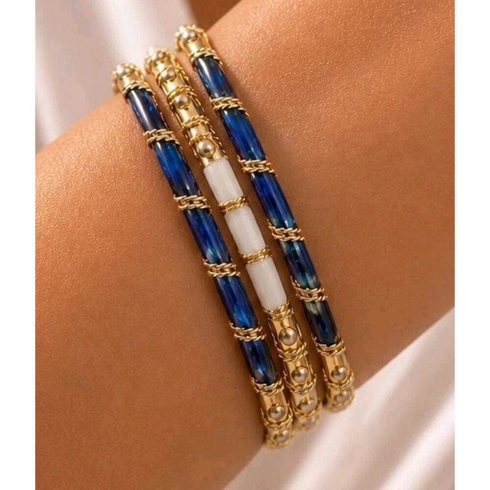 3 Gold & Blue &‎ Cream Enamel Ornate Bangles Bracelets 7.5" 1990s Retro bn-2
